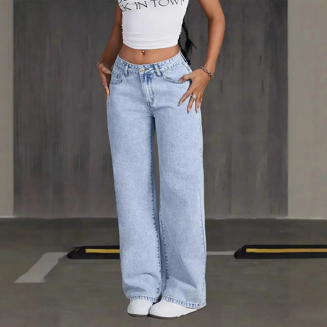 Stretchy Denim Wide Leg Pants with Pockets and Subtle Distressing for Everyday Ease
