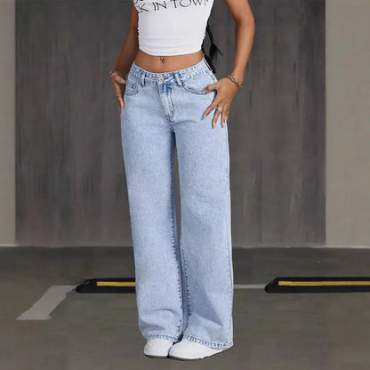 Stretchy Denim Wide Leg Pants with Pockets and Subtle Distressing for Everyday Ease