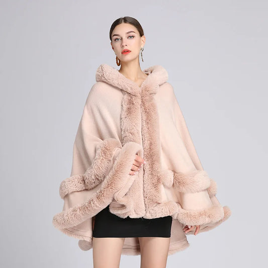 7 Women 2 Circle Fur Poncho Shawl Cloak With Hat Faux Fur Cape Big Pendulum Dovetail Cardigan Winter Warm Thick Loose Overcoat