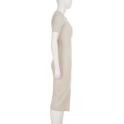 Lightweight Maxi Dress with Hollow Out Knit Polo Neck and Button Front
