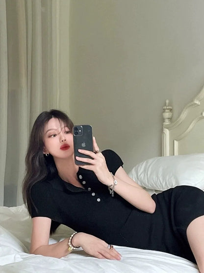 Breathable Polo Neck Knit Dress with Hollow Out Panels for Beachwear