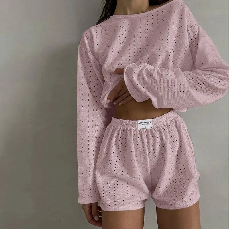 Soft Two-Piece Pajama Set with Long Sleeve Top and Shorts for Women