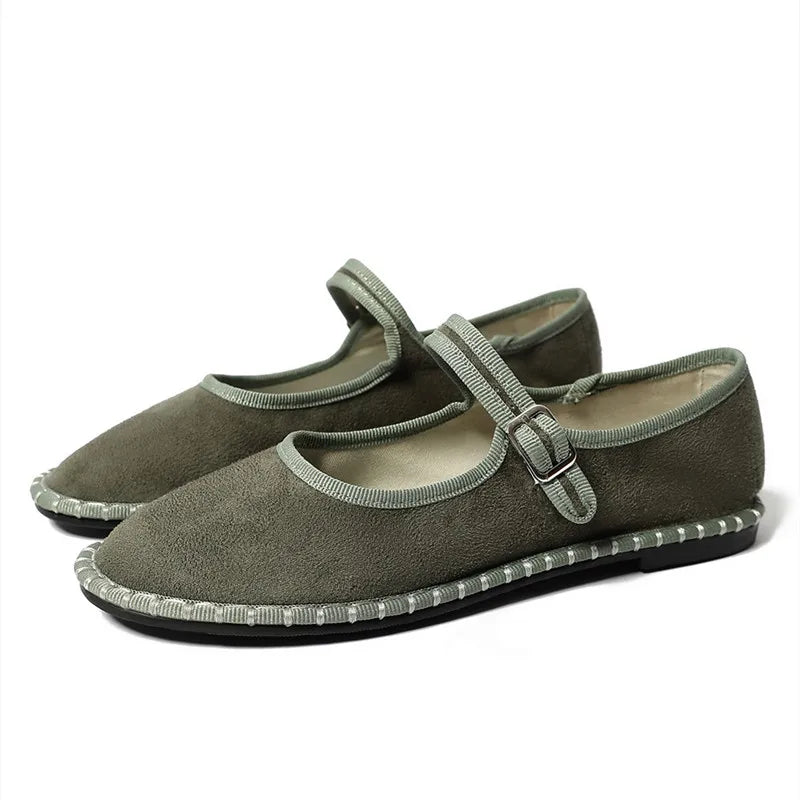 Women's floral-lined Mary Jane flats with buckle strap