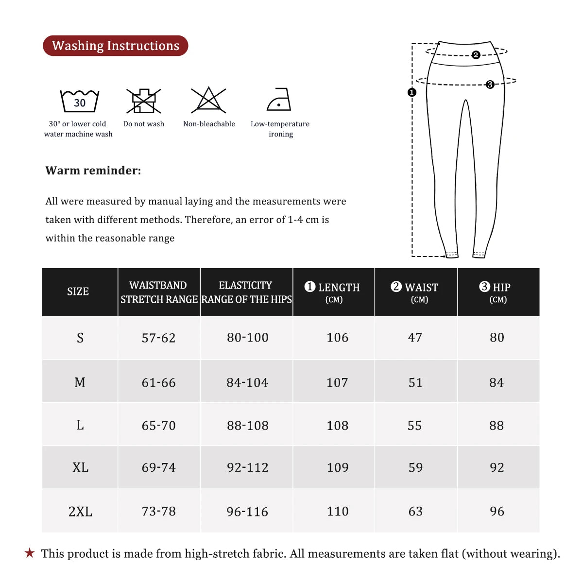 Black outline drawing of high waist compression leggings with a size chart for workout measurements.