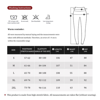 Black outline drawing of high waist compression leggings with a size chart for workout measurements.