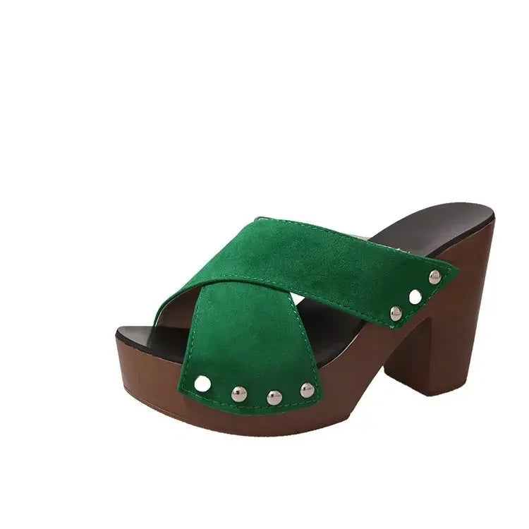 Green flock square platform sandals with silver rivets and cushioned insole for casual wear.