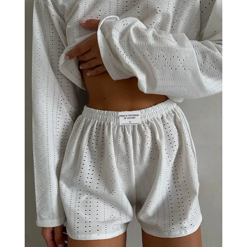 Soft Two-Piece Pajama Set with Long Sleeve Top and Shorts for Women