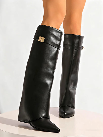 Designer Women's Long Boots - Wide Calf Shark Boots with Wedge Heel Knee High