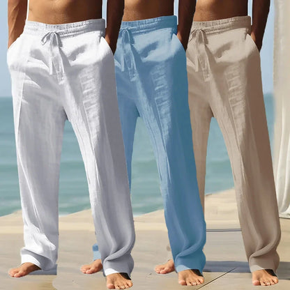 Men's Linen Pants with Wide Leg and Dobby Weave Breathable Elastic Drawstring Waist
