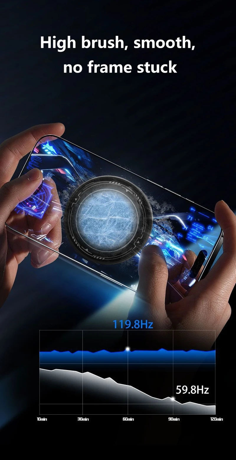 Black magnetic phone cooler with digital temperature display for cooling during mobile gaming.