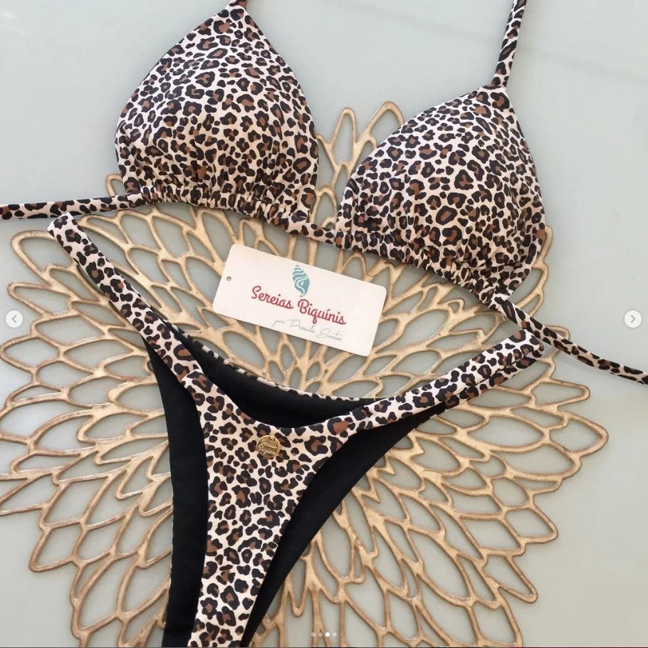 Women's Triangle Lace-Up Bikini Set with Adjustable Straps and Thong Bottom