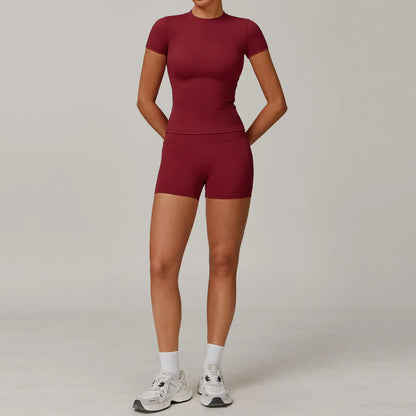 Women Yoga Set 2PCS Workout Set Sportswear Gym Clothing Fitness Long Sleeve High Waist Leggings Cycling Shorts WORKOUT REVOLUTION