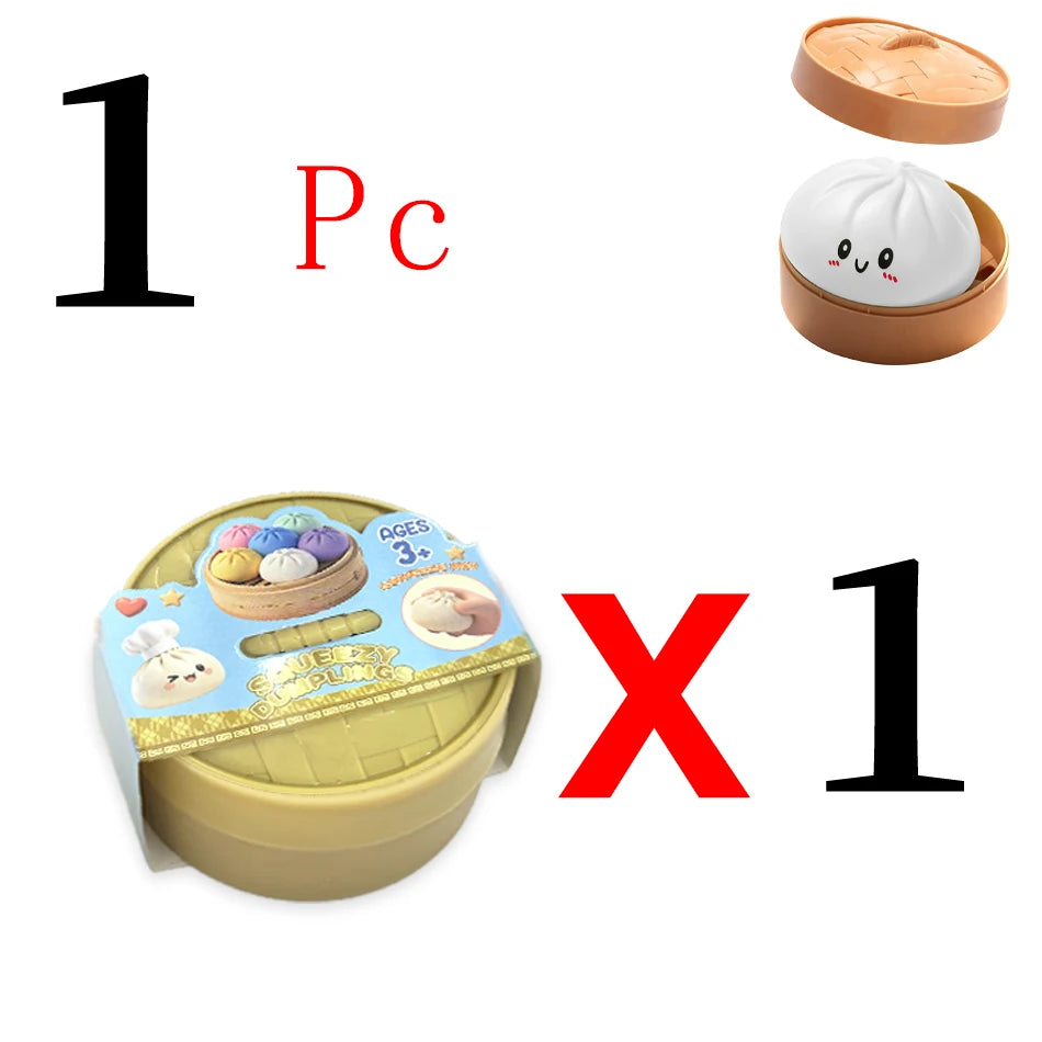 White silicone dumpling fidget toy inside a brown plastic steamer box for tactile stress relief.