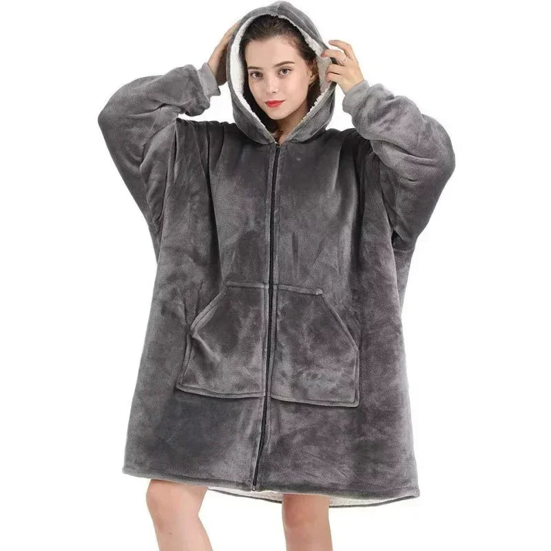 Unisex Fleece Hoodie Sweatshirt Blanket With Front Zipper And Deep Pockets In An Oversized Wearable Design