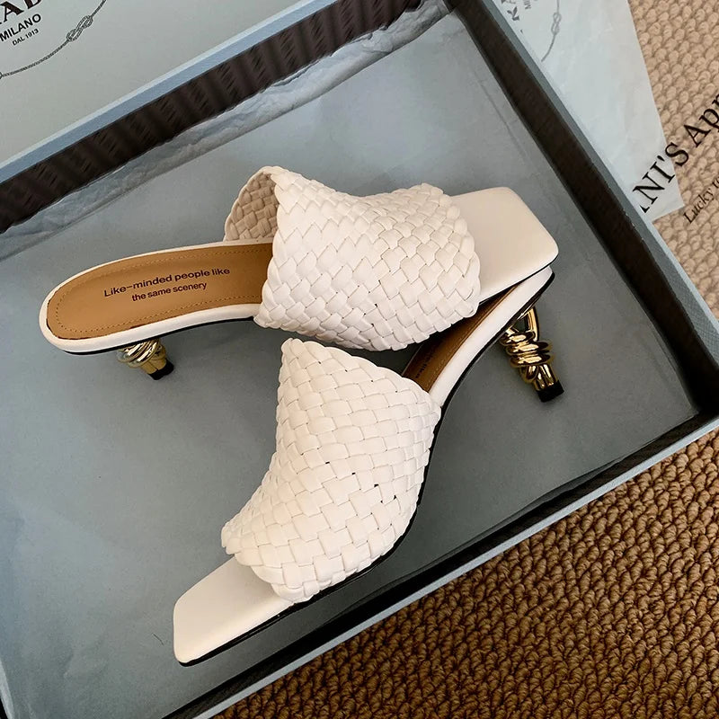 Woven Kitten Heel Sandals Open Toe With Sheepskin Cushioned Insole