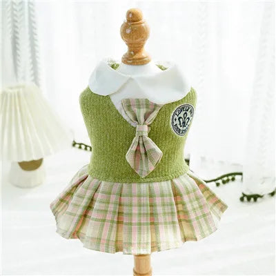 Knitted dog dress with a plaid skirt for everyday outings