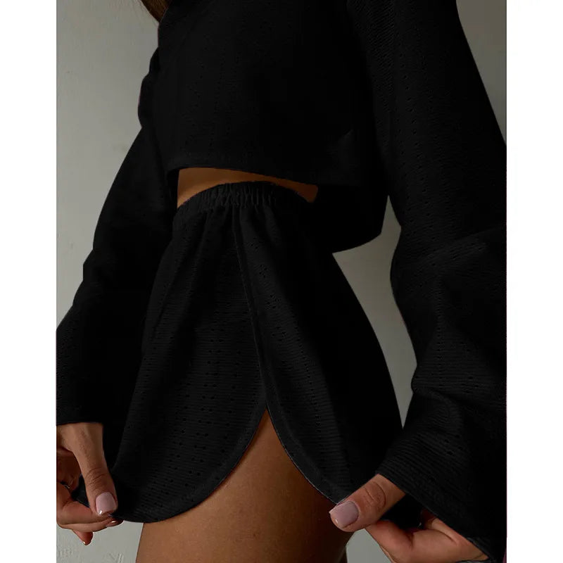 Soft Two-Piece Pajama Set with Long Sleeve Top and Shorts for Women