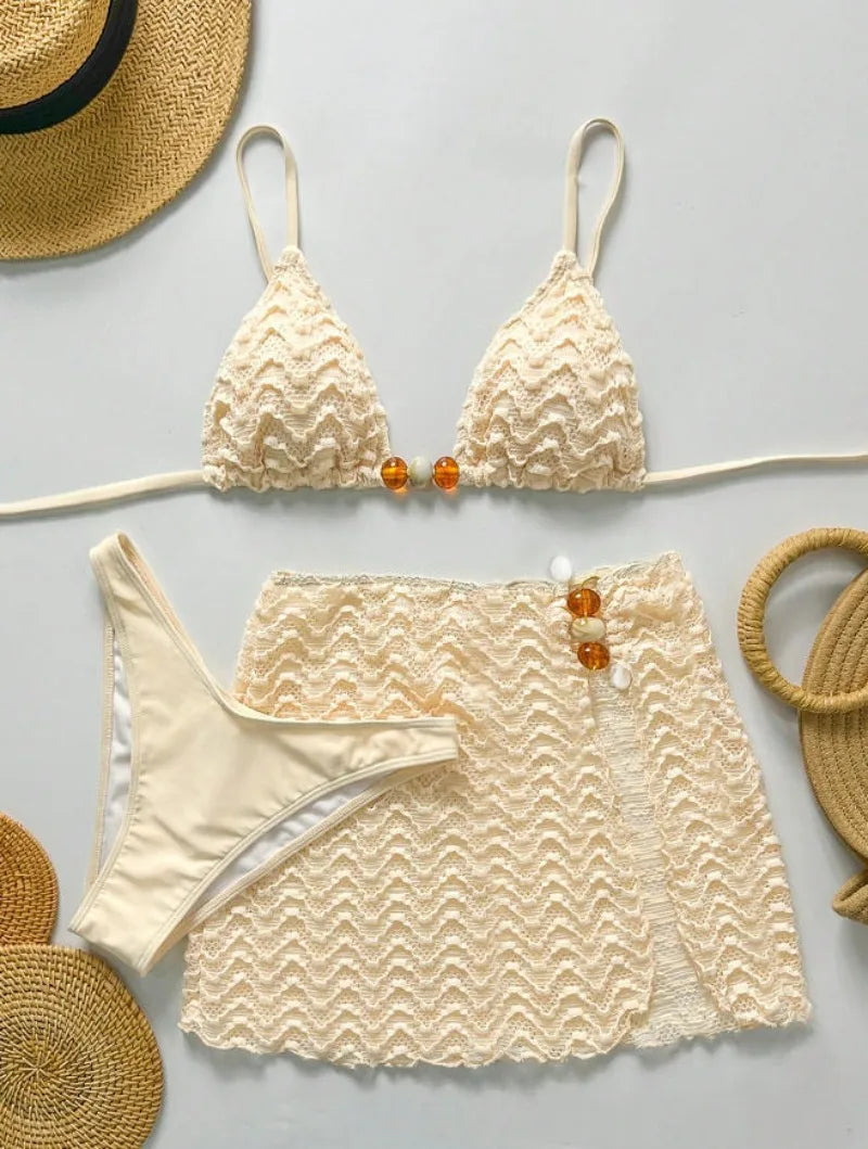 Women's Halter Push-Up Three-Piece Bikini Set with Skirt Cover-Up