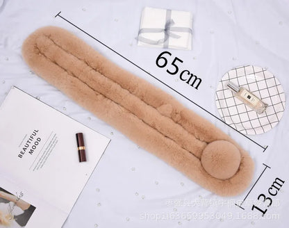 Camel brown rabbit fur scarf with a triple-tube design, measuring 65cm by 13cm, featuring a pom pom detail.