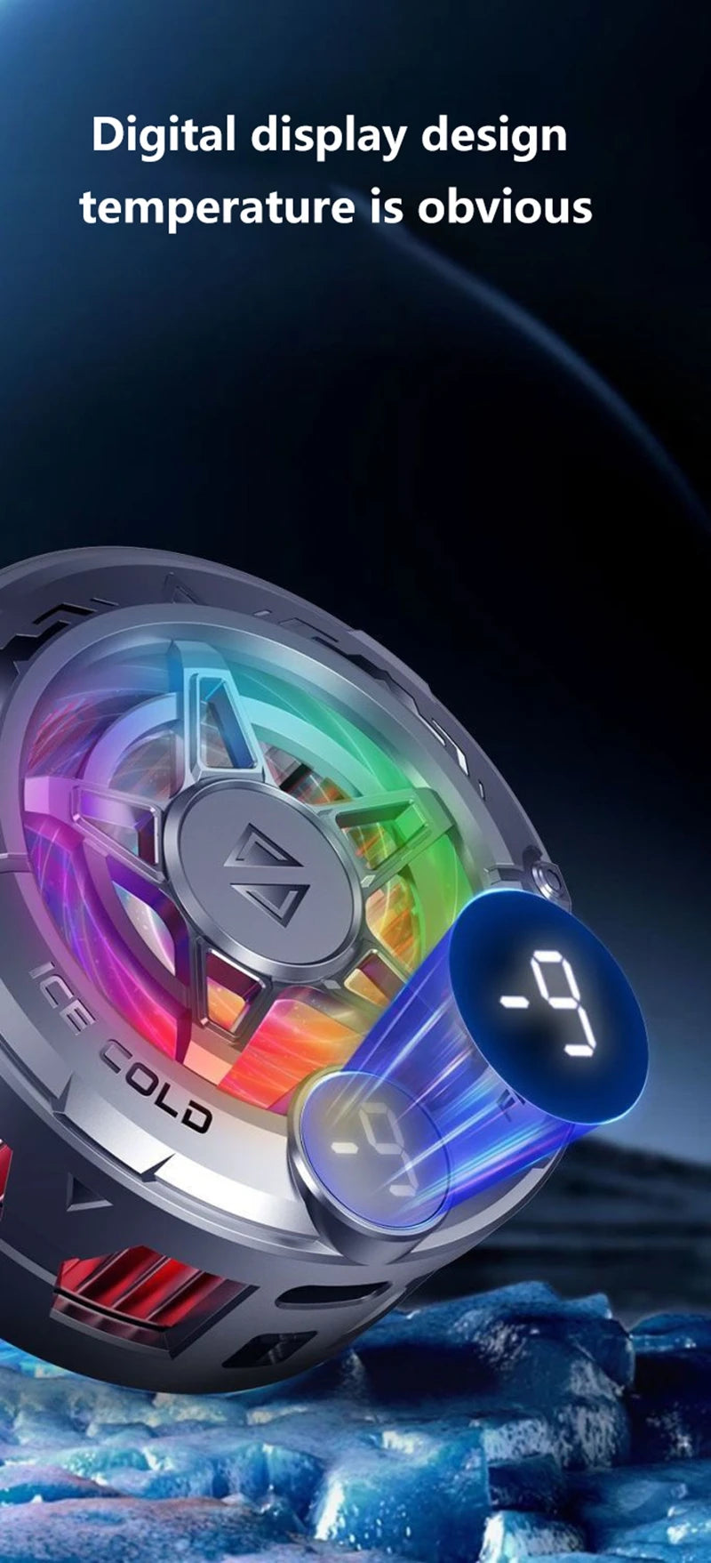 Silver magnetic phone cooler with RGB LED lights and a digital temperature display for gaming.