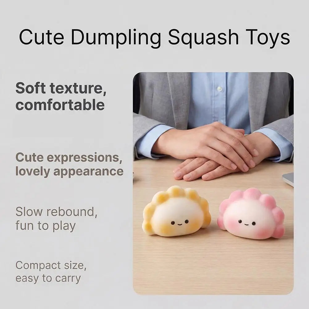 Yellow and pink soft dumpling squishy fidget toy on a desk for stress relief.