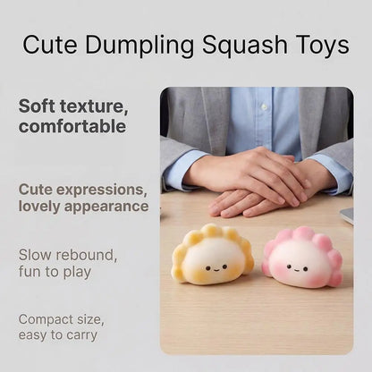 Yellow and pink soft dumpling squishy fidget toy on a desk for stress relief.