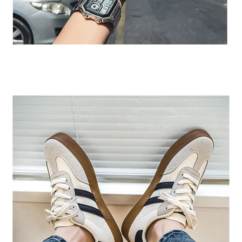 Off-white canvas and suede sneakers with gum soles and breathable design for daily training.