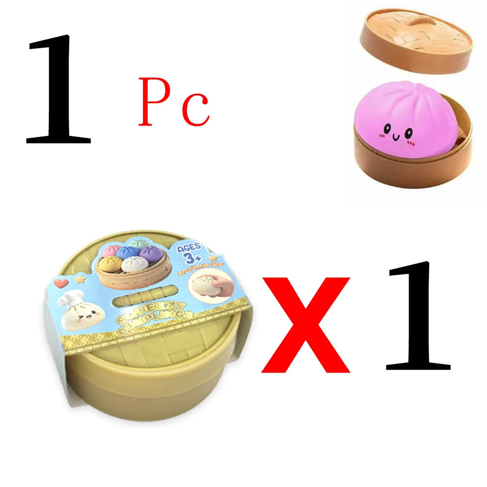 Pink silicone dumpling squishie in a tan steamer basket, a tactile fidget toy for sensory play.