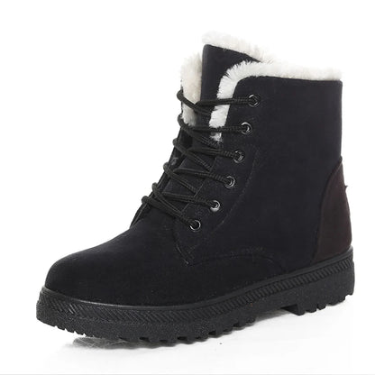 Black suede lace-up ankle snow boot with white faux-fur trim and ridged rubber sole.