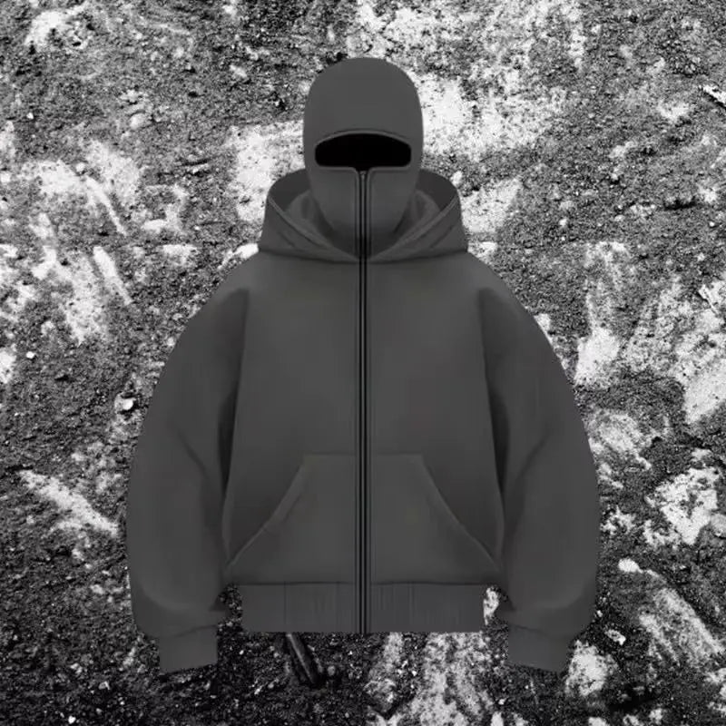 Unisex Cotton Blend Zip Hoodie With Built-In Hooded Face Mask For Cold Weather And Everyday Wear