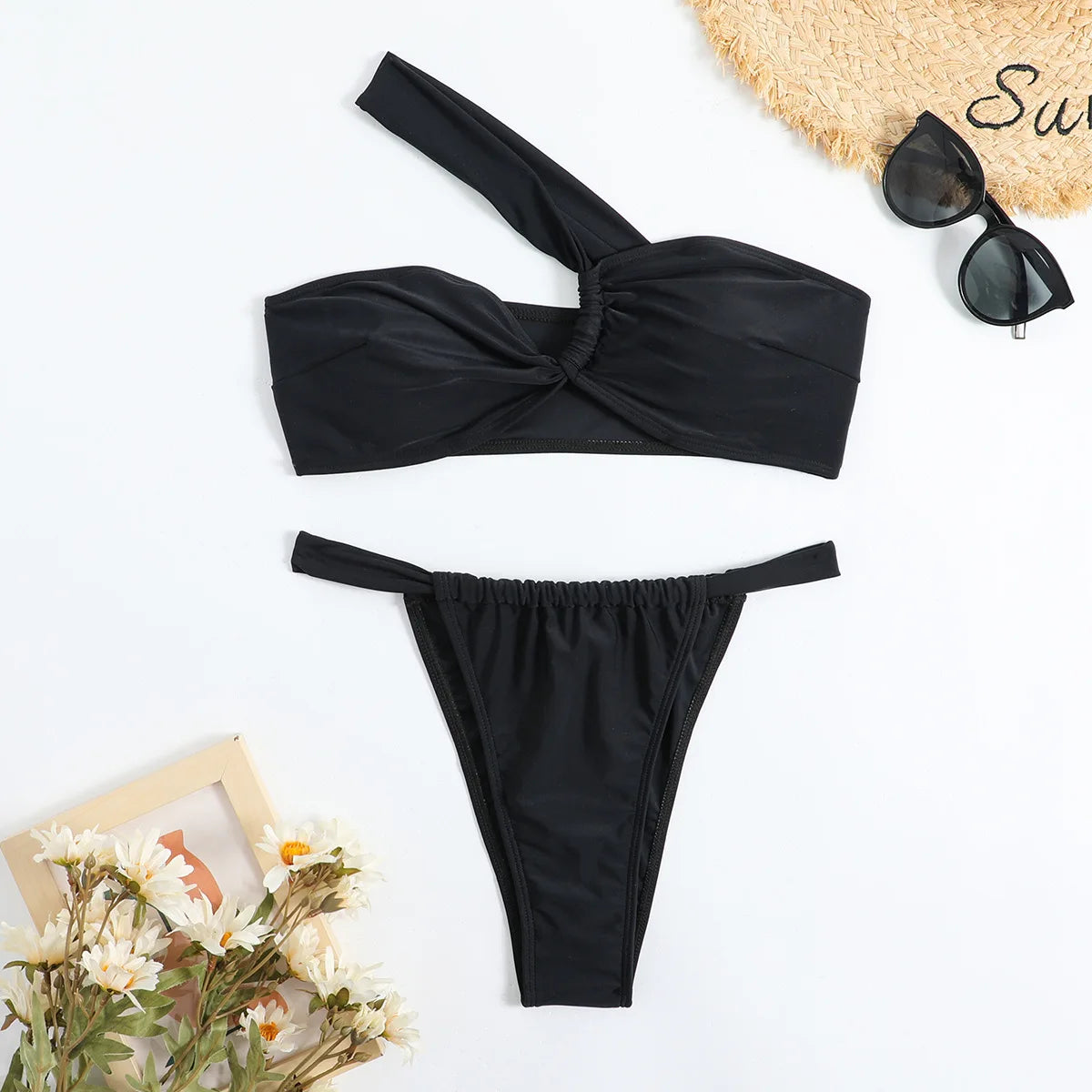 Women's One-Shoulder Bikini Set with High-Waist Bottom and Knotted Detail