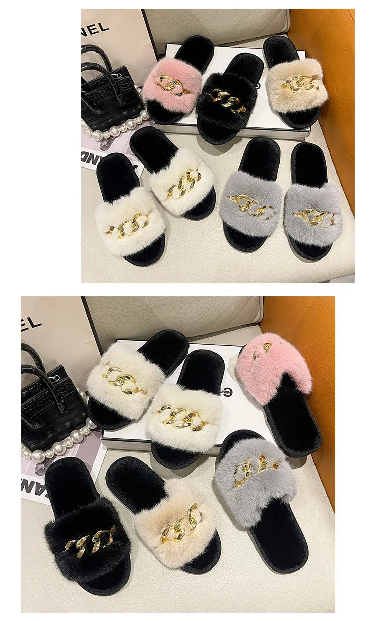 Plush Slippers for Women with Chain Detail and Cushioned Sole