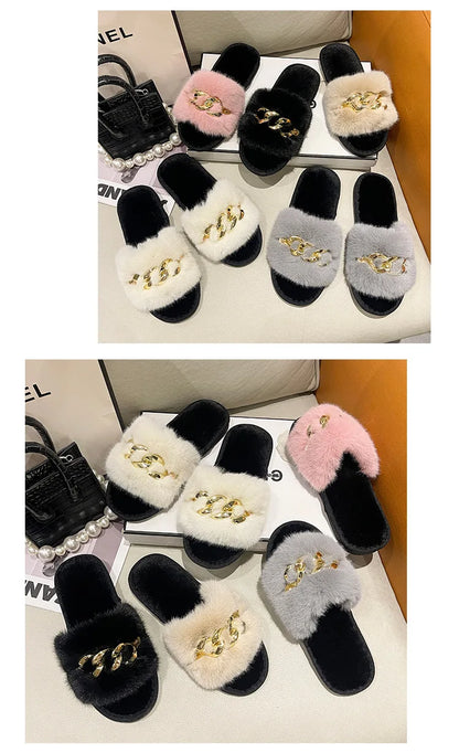 Plush Slippers for Women with Chain Detail and Cushioned Sole