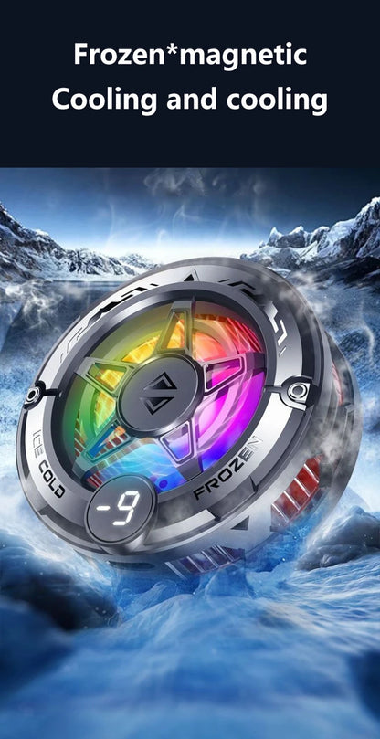 Grey metallic magnetic back clip phone cooler with LED lights and digital display for phone gaming temperature control.