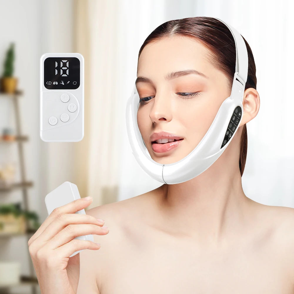 White, ergonomic anti-aging LED facial lifting device with remote control for home skin contouring.