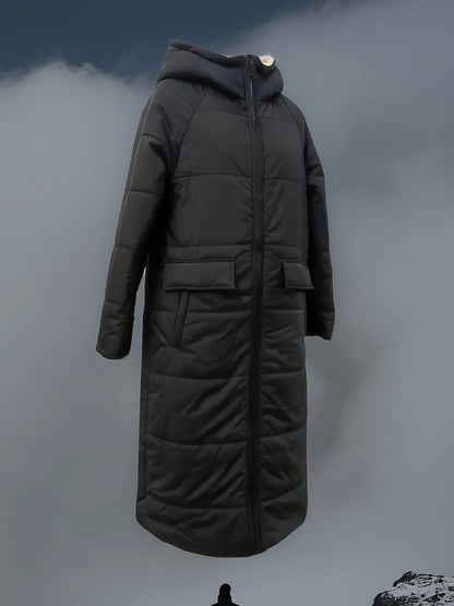 Women’s long hooded coat with zipper closure and pockets