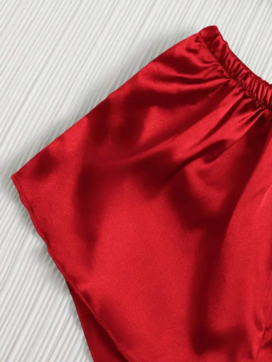 Three-Piece Satin Silk Sleepwear For Women Bride Red Breathable Lounge