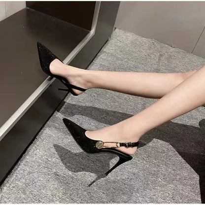 Sequined Slingback Pumps with Rhinestone Buckle for Women featuring Slim 9.6 cm Heel