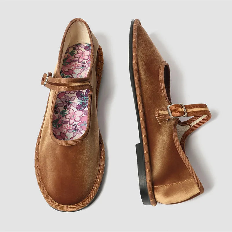 Women's floral-lined Mary Jane flats with buckle strap