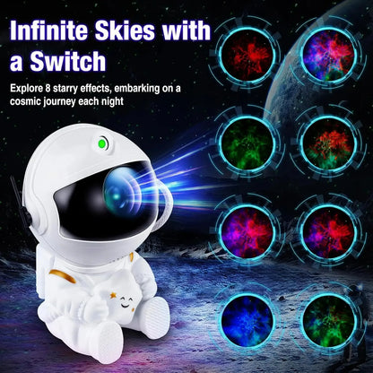 White astronaut LED galaxy light projector with adjustable brightness for bedroom ceiling and wall display.