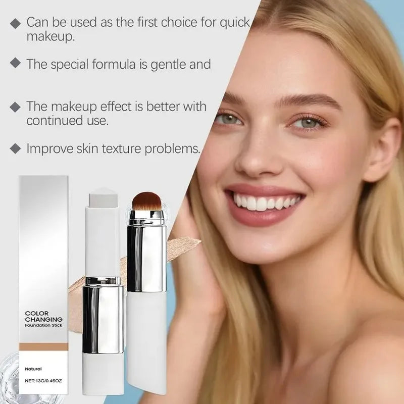 Foundation stick dewy color correcting makeup with built-in blending brush