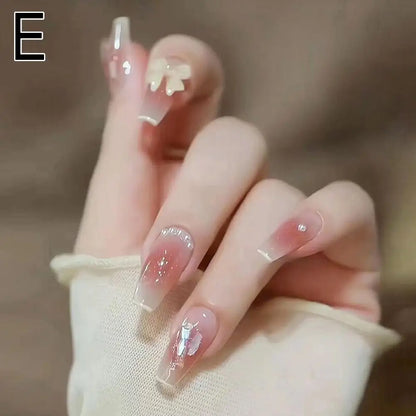 24Pcs Glitter Diamond Press On Nails Blush Pink Cat Eye Fake Nails Sweet Cute Coffin Full Cover Short Square False Nail Tips Art