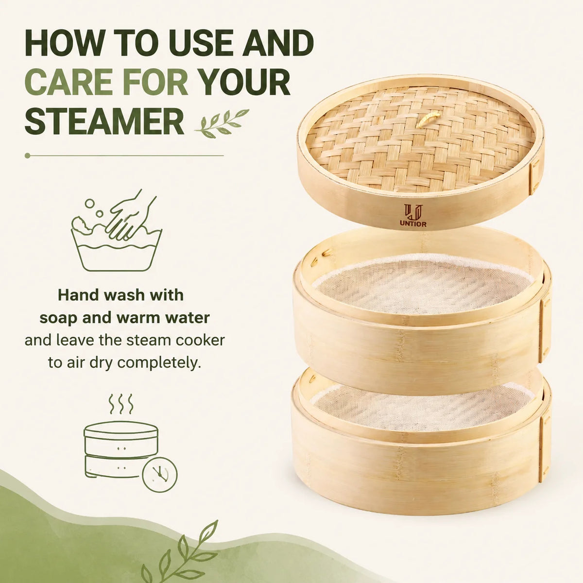 Two stacked natural bamboo dumpling steamer baskets with a lid and fabric liners.