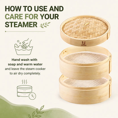 Two stacked natural bamboo dumpling steamer baskets with a lid and fabric liners.