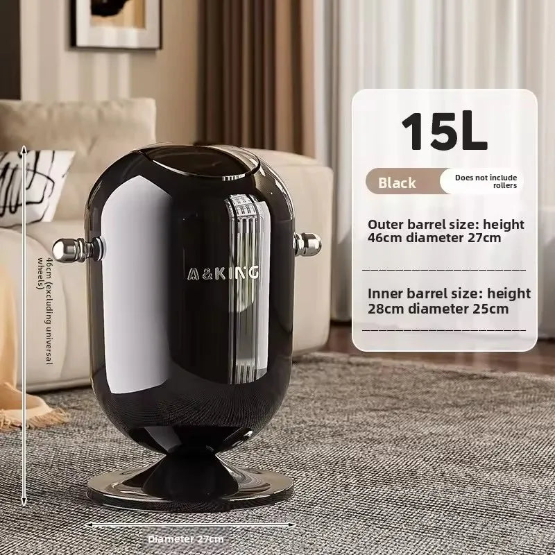 Glossy black 15L trash can with silver accents and text overlay listing dimensions.