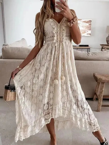 Women’s Ankle Length Lace Polyester Sleeveless Dress V Neck Beach Vacation