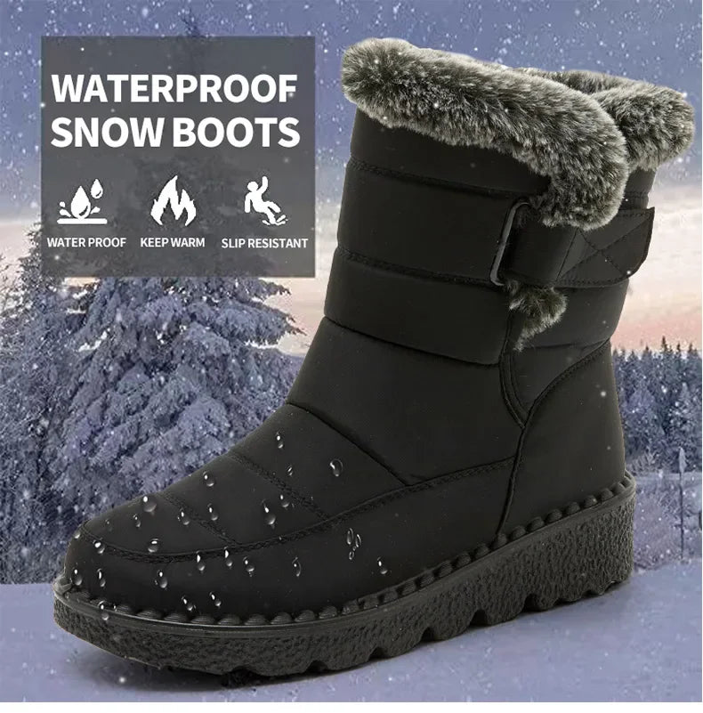 Black waterproof snow boot with grey faux fur trim, side strap, and thick rubber sole.