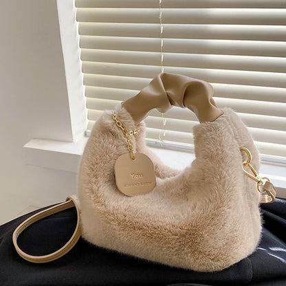 Women Faux Fur Plush Handbags Ruched Handle Small Lady Shoulder Crossbody Bag Casual Half-Moon Hobos Winter Bags for Women