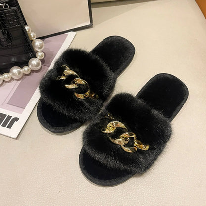 Plush Slippers for Women with Chain Detail and Cushioned Sole