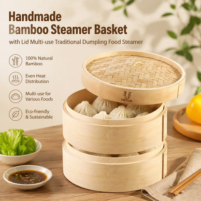 Two-tier natural bamboo dumpling steamer basket with a woven lid, holding several white dumplings.